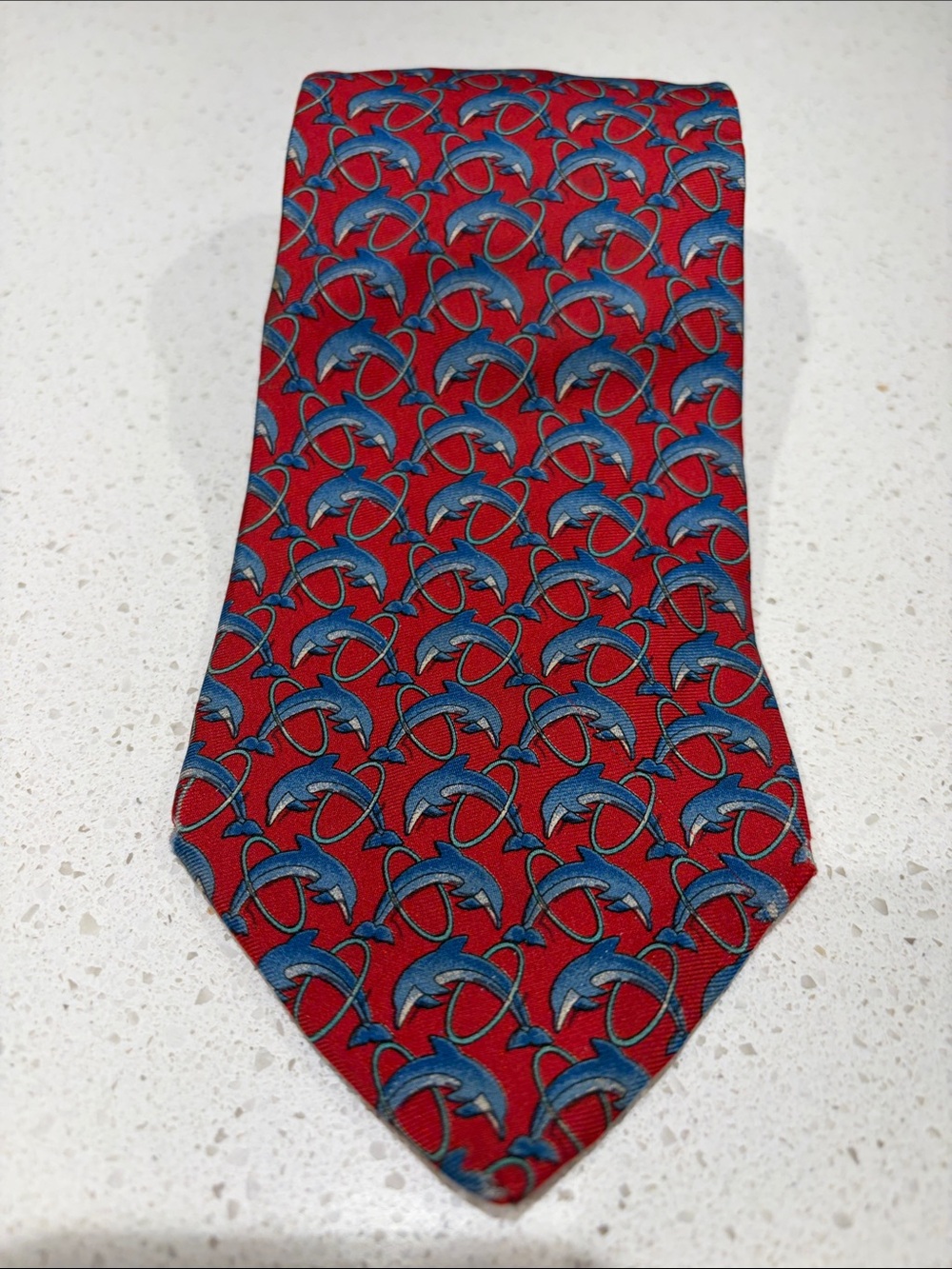 Classic Brooks Brothers Red Silk Men's Tie with Blue Dolphin Pattern